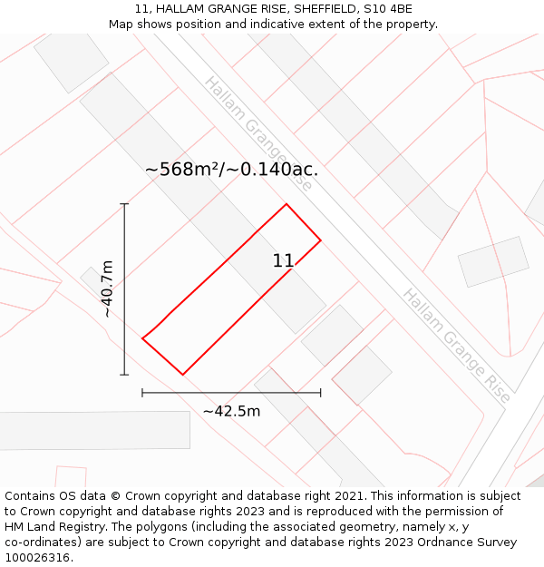 11, HALLAM GRANGE RISE, SHEFFIELD, S10 4BE: Plot and title map