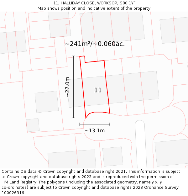 11, HALLIDAY CLOSE, WORKSOP, S80 1YF: Plot and title map