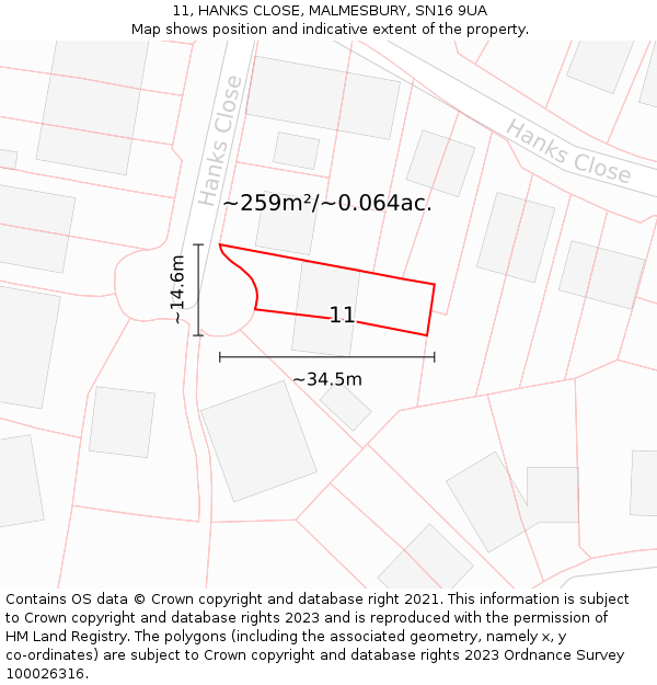 11, HANKS CLOSE, MALMESBURY, SN16 9UA: Plot and title map