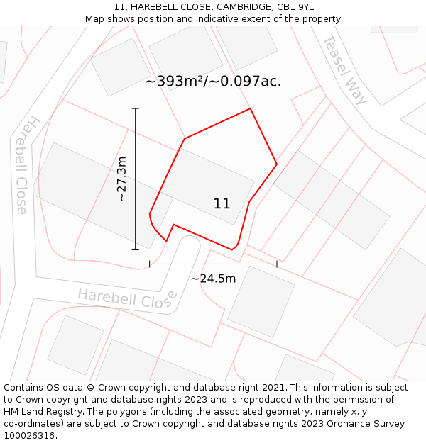 11, HAREBELL CLOSE, CAMBRIDGE, CB1 9YL: Plot and title map