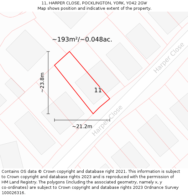 11, HARPER CLOSE, POCKLINGTON, YORK, YO42 2GW: Plot and title map