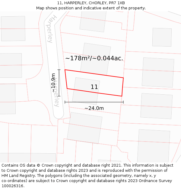 11, HARPERLEY, CHORLEY, PR7 1XB: Plot and title map