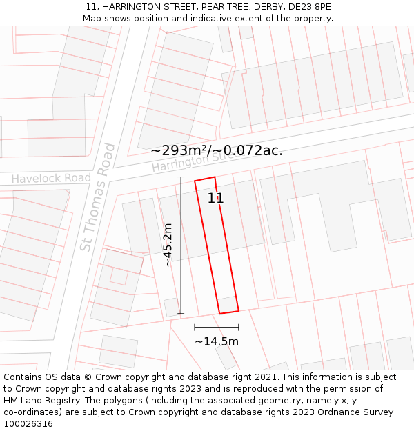 11, HARRINGTON STREET, PEAR TREE, DERBY, DE23 8PE: Plot and title map