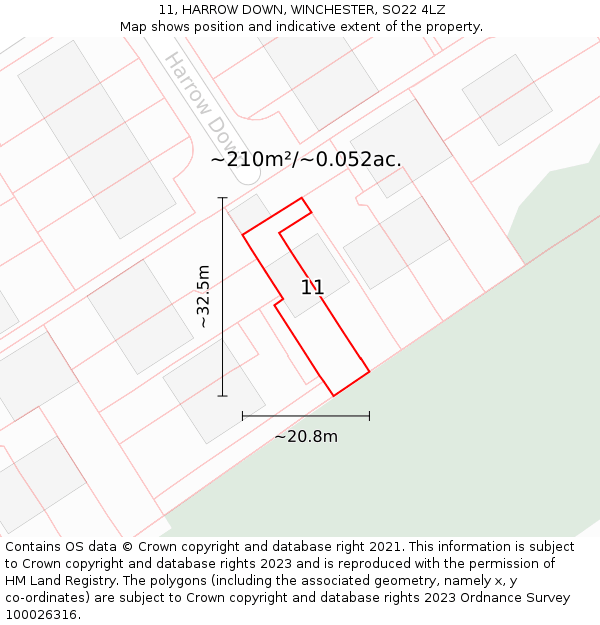 11, HARROW DOWN, WINCHESTER, SO22 4LZ: Plot and title map