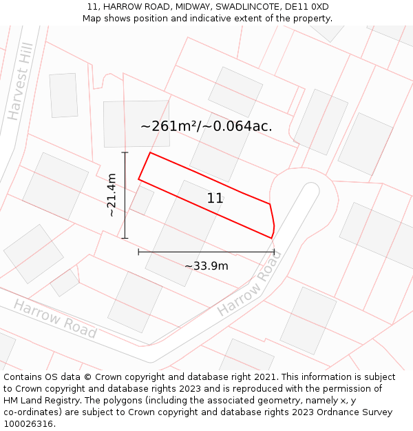 11, HARROW ROAD, MIDWAY, SWADLINCOTE, DE11 0XD: Plot and title map