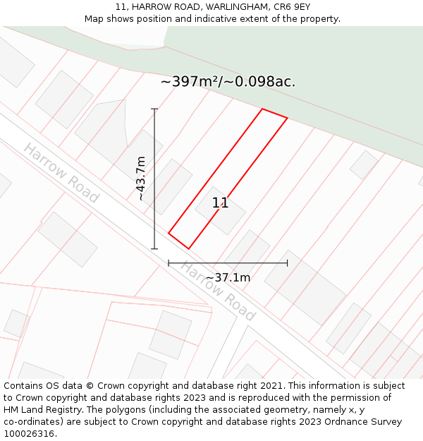 11, HARROW ROAD, WARLINGHAM, CR6 9EY: Plot and title map