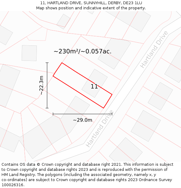 11, HARTLAND DRIVE, SUNNYHILL, DERBY, DE23 1LU: Plot and title map