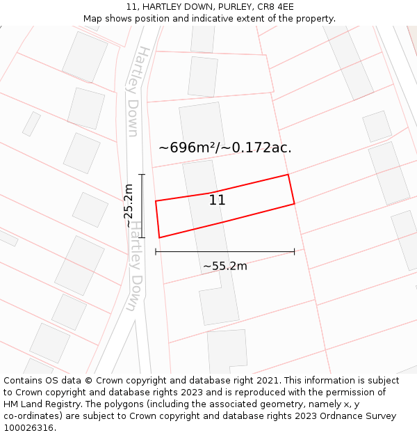 11, HARTLEY DOWN, PURLEY, CR8 4EE: Plot and title map