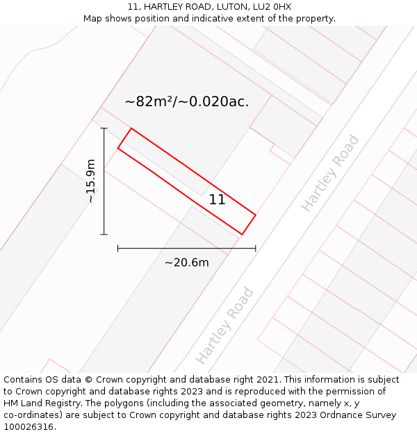 11, HARTLEY ROAD, LUTON, LU2 0HX: Plot and title map