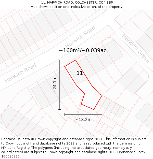 11, HARWICH ROAD, COLCHESTER, CO4 3BP: Plot and title map