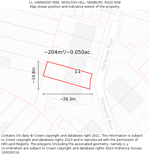 11, HARWOOD RISE, WOOLTON HILL, NEWBURY, RG20 9XW: Plot and title map