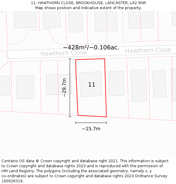 11, HAWTHORN CLOSE, BROOKHOUSE, LANCASTER, LA2 9NR: Plot and title map