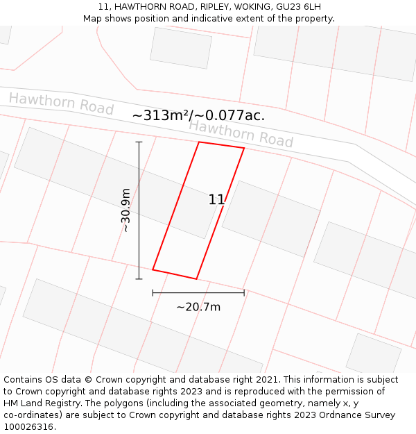 11, HAWTHORN ROAD, RIPLEY, WOKING, GU23 6LH: Plot and title map