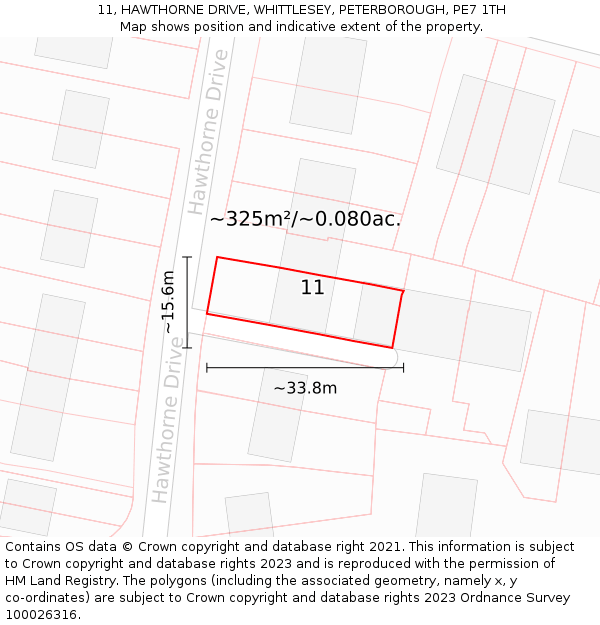 11, HAWTHORNE DRIVE, WHITTLESEY, PETERBOROUGH, PE7 1TH: Plot and title map