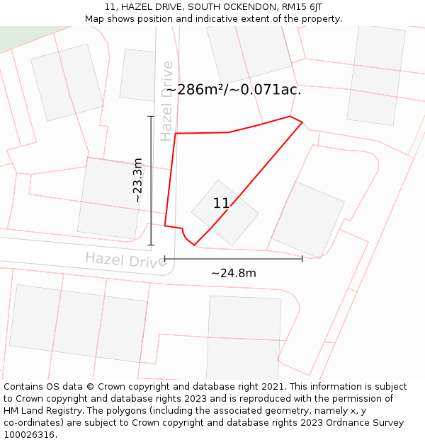 11, HAZEL DRIVE, SOUTH OCKENDON, RM15 6JT: Plot and title map