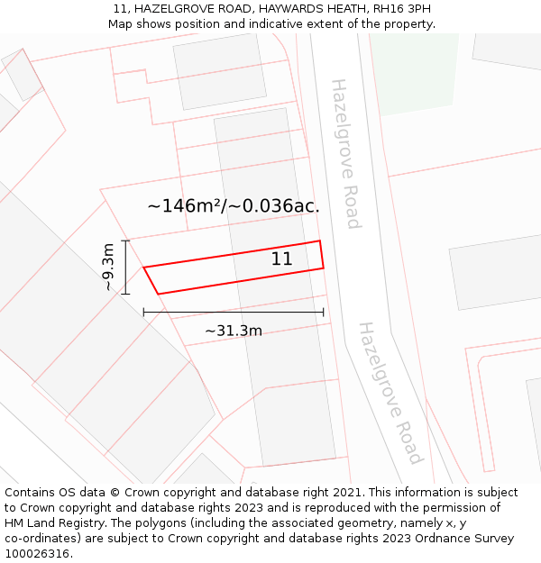 11, HAZELGROVE ROAD, HAYWARDS HEATH, RH16 3PH: Plot and title map