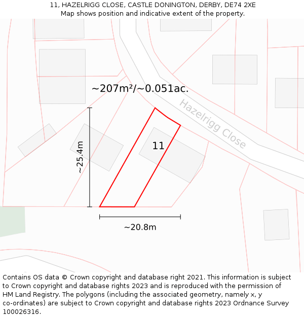 11, HAZELRIGG CLOSE, CASTLE DONINGTON, DERBY, DE74 2XE: Plot and title map