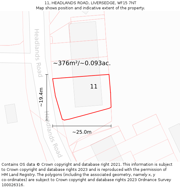 11, HEADLANDS ROAD, LIVERSEDGE, WF15 7NT: Plot and title map