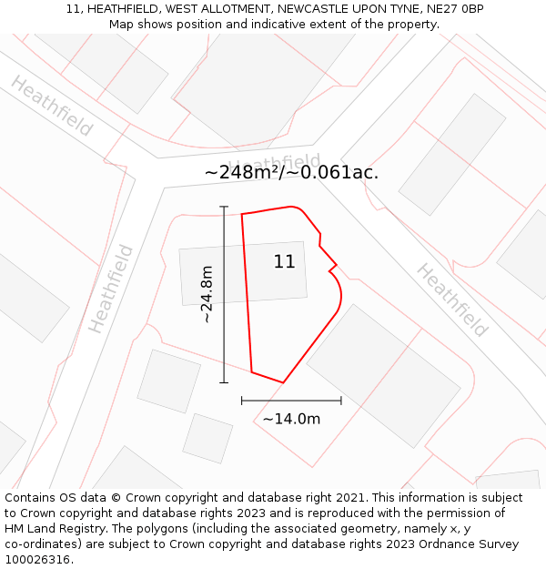 11, HEATHFIELD, WEST ALLOTMENT, NEWCASTLE UPON TYNE, NE27 0BP: Plot and title map