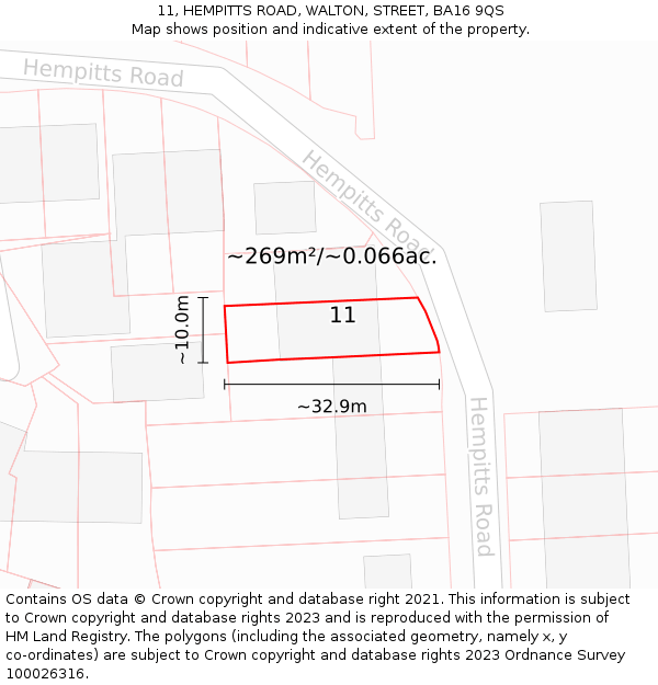 11, HEMPITTS ROAD, WALTON, STREET, BA16 9QS: Plot and title map