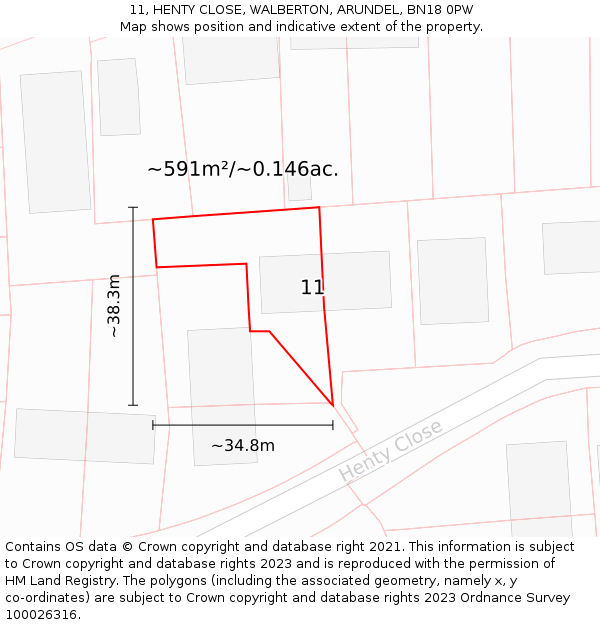 11, HENTY CLOSE, WALBERTON, ARUNDEL, BN18 0PW: Plot and title map