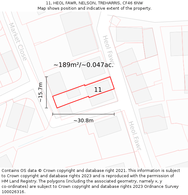 11, HEOL FAWR, NELSON, TREHARRIS, CF46 6NW: Plot and title map