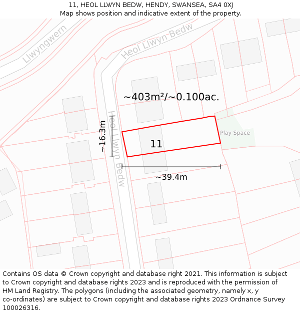 11, HEOL LLWYN BEDW, HENDY, SWANSEA, SA4 0XJ: Plot and title map