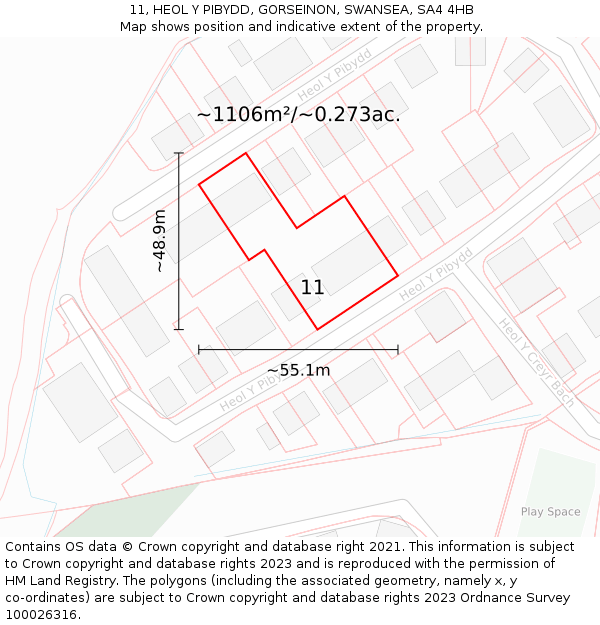 11, HEOL Y PIBYDD, GORSEINON, SWANSEA, SA4 4HB: Plot and title map