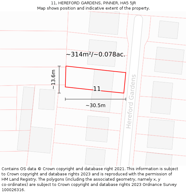 11, HEREFORD GARDENS, PINNER, HA5 5JR: Plot and title map