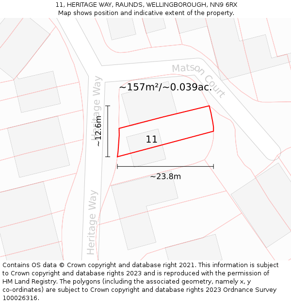 11, HERITAGE WAY, RAUNDS, WELLINGBOROUGH, NN9 6RX: Plot and title map