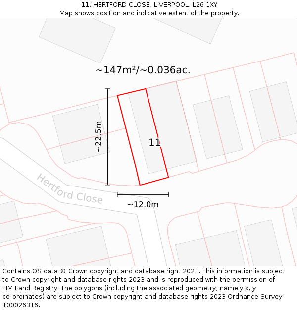 11, HERTFORD CLOSE, LIVERPOOL, L26 1XY: Plot and title map