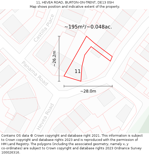 11, HEVEA ROAD, BURTON-ON-TRENT, DE13 0SH: Plot and title map