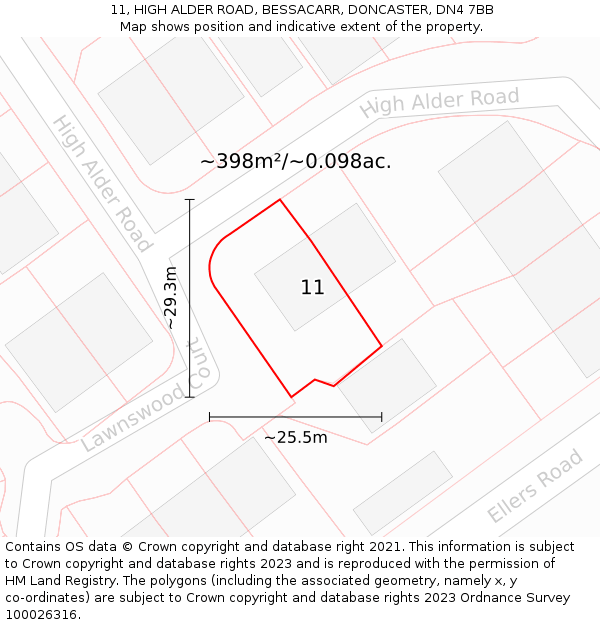 11, HIGH ALDER ROAD, BESSACARR, DONCASTER, DN4 7BB: Plot and title map