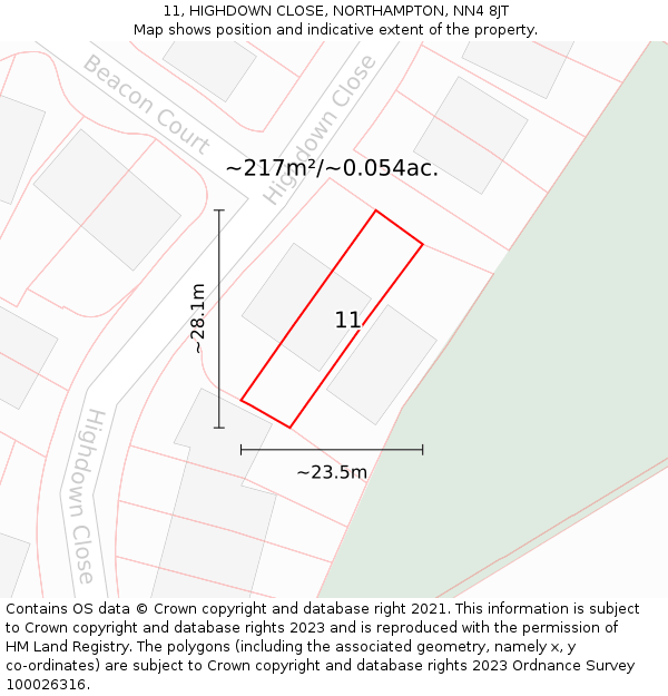 11, HIGHDOWN CLOSE, NORTHAMPTON, NN4 8JT: Plot and title map