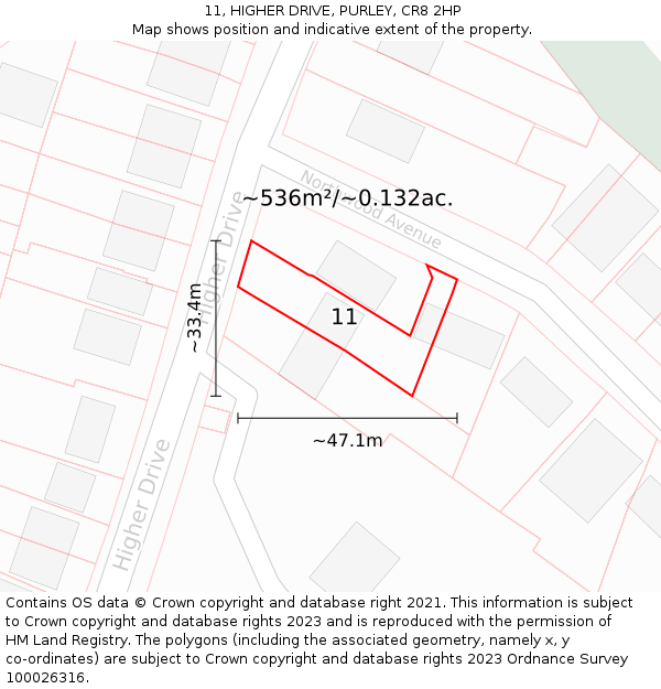 11, HIGHER DRIVE, PURLEY, CR8 2HP: Plot and title map