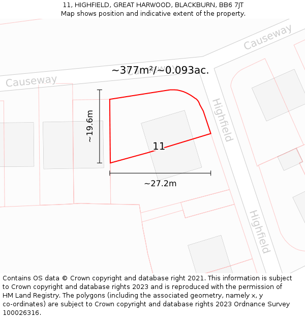 11, HIGHFIELD, GREAT HARWOOD, BLACKBURN, BB6 7JT: Plot and title map