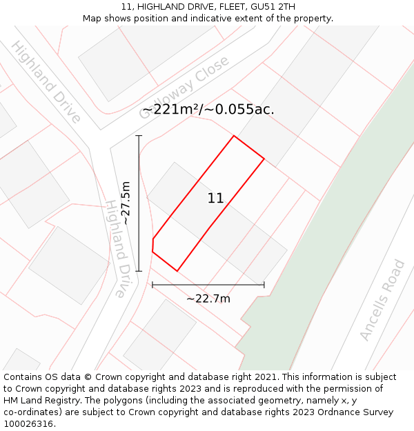 11, HIGHLAND DRIVE, FLEET, GU51 2TH: Plot and title map