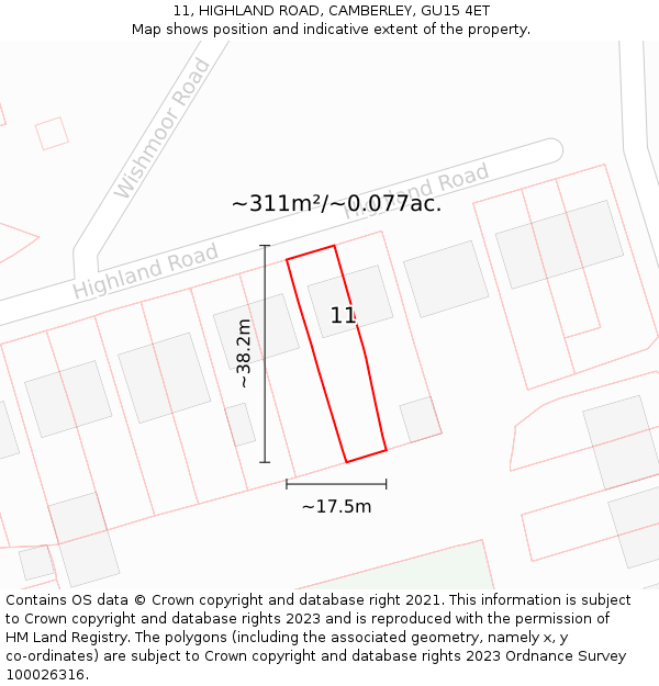 11, HIGHLAND ROAD, CAMBERLEY, GU15 4ET: Plot and title map