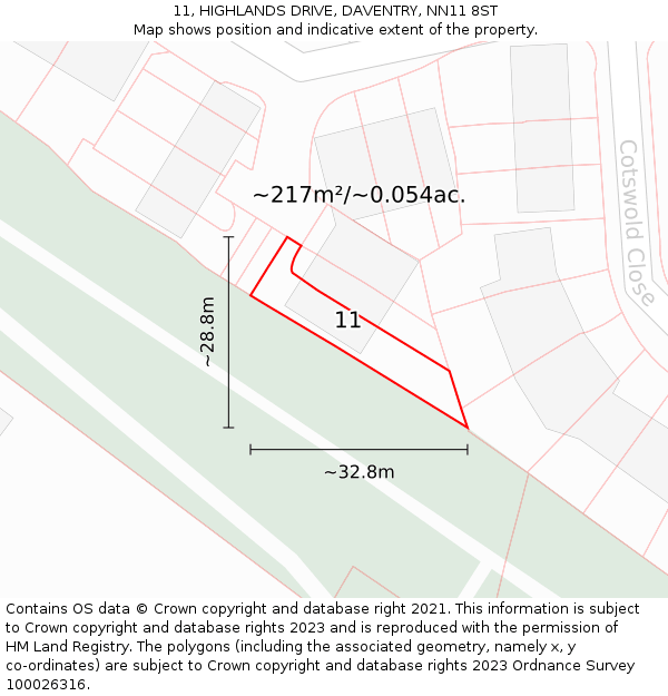 11, HIGHLANDS DRIVE, DAVENTRY, NN11 8ST: Plot and title map