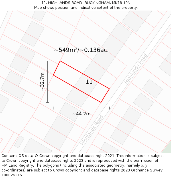 11, HIGHLANDS ROAD, BUCKINGHAM, MK18 1PN: Plot and title map