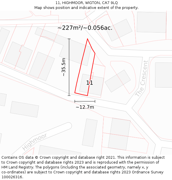 11, HIGHMOOR, WIGTON, CA7 9LQ: Plot and title map