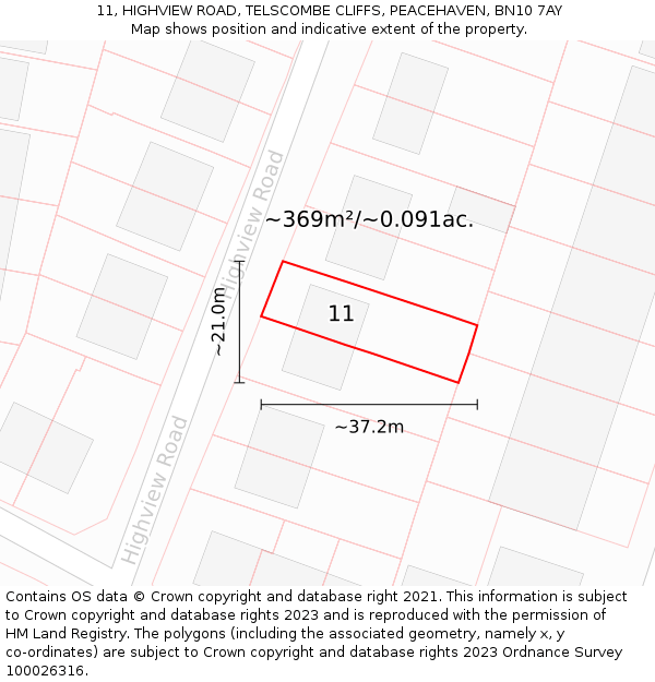 11, HIGHVIEW ROAD, TELSCOMBE CLIFFS, PEACEHAVEN, BN10 7AY: Plot and title map