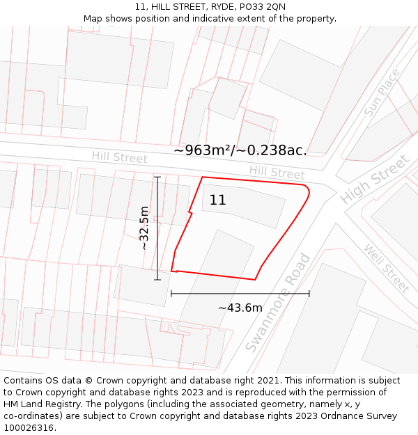 11, HILL STREET, RYDE, PO33 2QN: Plot and title map