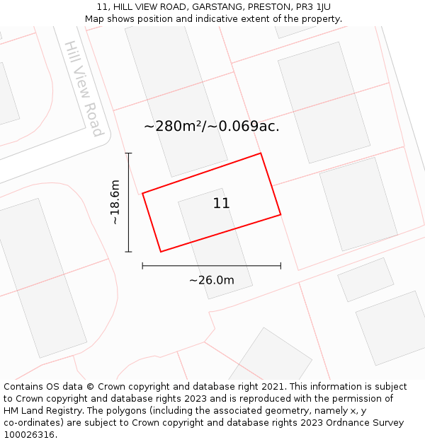 11, HILL VIEW ROAD, GARSTANG, PRESTON, PR3 1JU: Plot and title map