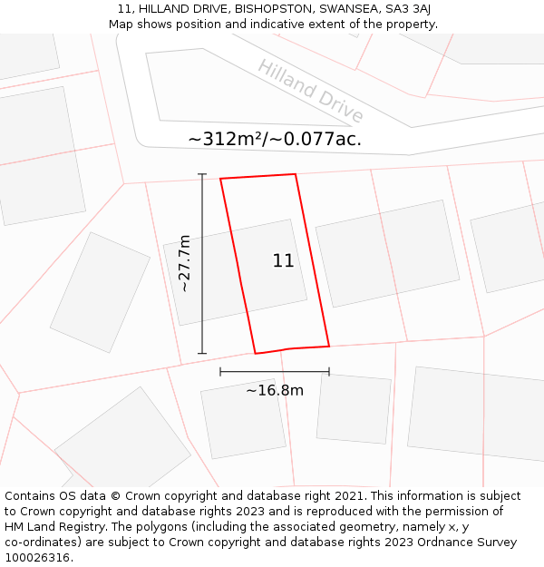 11, HILLAND DRIVE, BISHOPSTON, SWANSEA, SA3 3AJ: Plot and title map