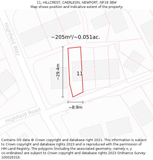 11, HILLCREST, CAERLEON, NEWPORT, NP18 3BW: Plot and title map