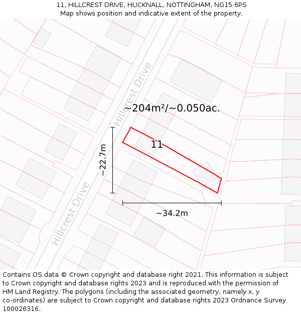 11, HILLCREST DRIVE, HUCKNALL, NOTTINGHAM, NG15 6PS: Plot and title map