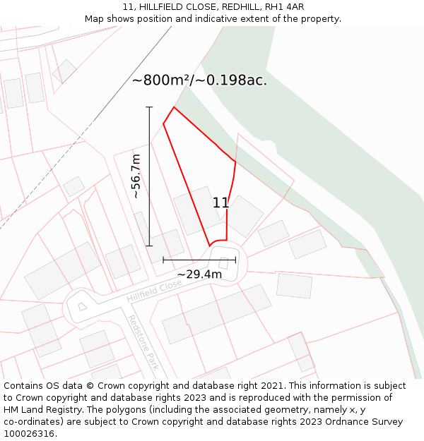 11, HILLFIELD CLOSE, REDHILL, RH1 4AR: Plot and title map