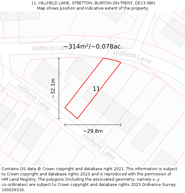 11, HILLFIELD LANE, STRETTON, BURTON-ON-TRENT, DE13 0BN: Plot and title map