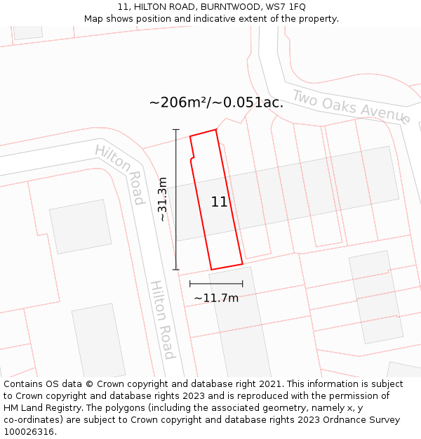 11, HILTON ROAD, BURNTWOOD, WS7 1FQ: Plot and title map